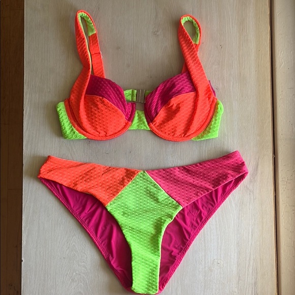Pink and Orange Bikini with Bold Color Blocking - Picture 1 of 6